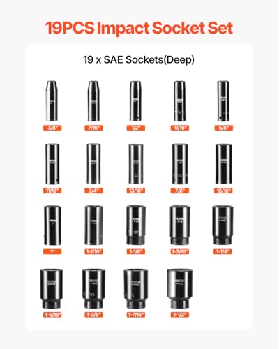 VEVOR Impact Socket Set, 1/2" 19 Piece Impact Sockets, Deep Socket, 6-Point Sockets, 1/2 Inches Drive Socket Set Impact 3/8 inch - 1-1/2 inch, Cr-V Rugged Construction, with a Storage Cage - size: 1/2" 19 PCS