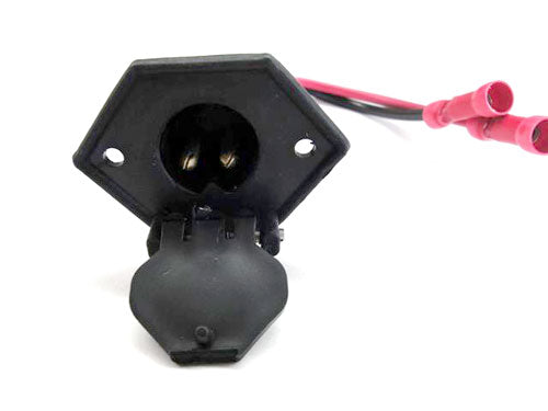 Rig Rite - Receptacles black plastic mounting receptacle with hinged cover and attached red and black wires for secure electrical connections in fishing tackle and marine electronics.