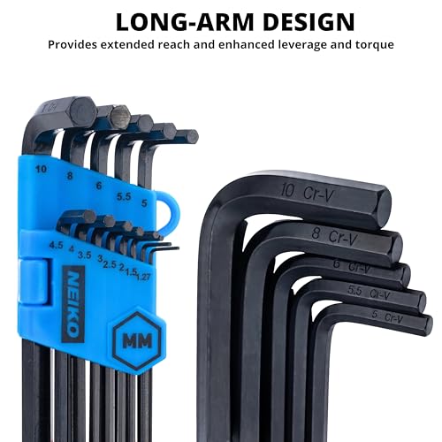 NEIKO 01103A Metric and Standard Allen Wrench Set, 26 Piece Ball End Hex Key Set, SAE & MM Long Allen Keys 1.27mm to 10mm & 0.05” to 3/8 Inch, Hex Wrench, Black Oxide Chrome Vanadium, Storage Case - size: Metric+SAE - 26pc