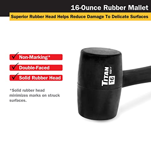 Titan 63217 16oz Rubber Mallet, Non-marking Double-faced Solid Head, 13" Shock Absorbing Fiberglass Handle with Textured Grip - style: 16oz Black
