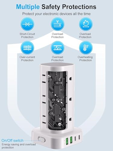 15FT Power Strip Tower Surge Protector, 12 Wide Spaced Outlets, 4 USB - color: White, size: 15FT without Wireless Charging