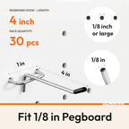 JEAWIWI 30 Pcs, Metal Pegboard Hooks, 4 Inch, Fit 1/8 in Pegboard - size: 4in 30pcs