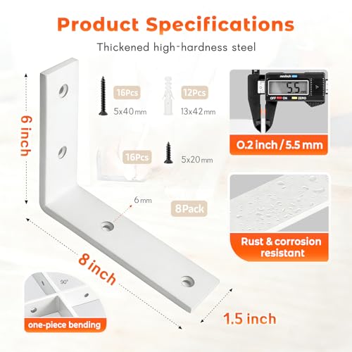 Shelf Bracket 8 Pack 8" Lx8 H 5mm Thick Heavy Duty White L Brackets - color: White-8pack, size: 8"Lx8"Wx1.5"W