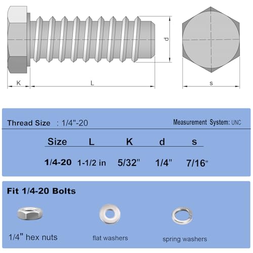 1/4x1-1/2 Hex Bolts Set, 20Pcs 1/4"-20 Nuts and Bolts Assortment Kit - size: 1/4-20*1-1/2 Set