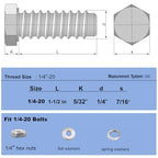 1/4x1-1/2 Hex Bolts Set, 20Pcs 1/4"-20 Nuts and Bolts Assortment Kit - size: 1/4-20*1-1/2 Set