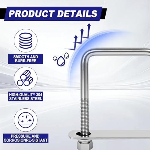 4 Sets M12 Square U Bolts 2 Inch Wide, 1/2" x 2-1/16" W x 4-1/2"L - size: M12 x 2-1/16"W x 4-1/2"L