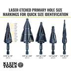 Klein Tools QRST14 Step Drill Bit, Quick Release, Spiral Double-Fluted, 3/16 to 7/8-Inch, Hex Shank, Cut Steel, Wood, Plastic, Aluminum - size: 3/16 to 7/8-Inch, style: Quick Release