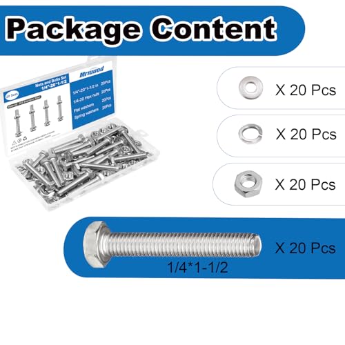 1/4x1-1/2 Hex Bolts Set, 20Pcs 1/4"-20 Nuts and Bolts Assortment Kit - size: 1/4-20*1-1/2 Set