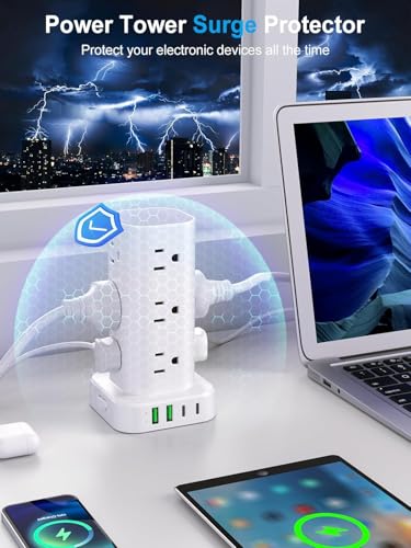 15FT Power Strip Tower Surge Protector, 12 Wide Spaced Outlets, 4 USB - color: White, size: 15FT without Wireless Charging