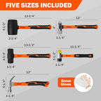 AV Steel 5-Pack Mallet Hammer Set - 32oz Rubber Mallet, 33mm Double-Faced Mallet, 16oz Claw Hammer, 16oz Ball Peen Hammer & 3lb Sledge and Gloves for DIY and Home Repair