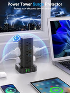Power Strip Tower with Wireless Charger,Surge Protector with 12 Outlets - color: Black, size: 10FT with Wireless Charging