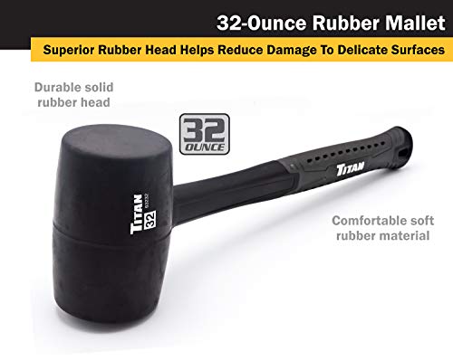 Titan 63232 32oz Rubber Mallet, Non-marking Double-faced Solid Head, 15" Shock Absorbing Fiberglass Handle with Textured Grip - style: 32oz Black