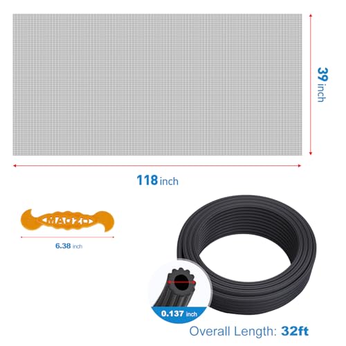 Window Screen Replacement Kit Durable 39" x 118" Polyester Mesh with Tool - color: Gray, size: 39" x 118"