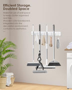 AceMining White Broom Holder Wall Mount, 4 Holders 4 Hooks Mop Holder - color: White, size: 1 Pack