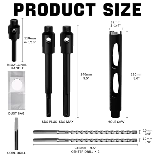 Diamond Core Drill Bit 1-1/4"(32mm) with Pilot Bit & Adapters (SDS Plus & Hex) – Upgraded Welded Segments, 8.6" Depth – for Concrete, Solid Brick, Hollow Brick, Masonry & More - size: (1-1/4"/32mm)