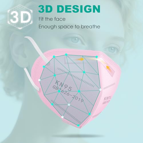 LEMENT KN95 Face Masks,100PCS 5-Ply Pink Breathable Cup Dust Mask For Adult - color: Adult-100 Pack-pink