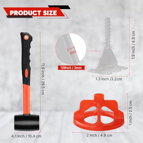 Tile Leveling System 1/8", 500 Pcs Tile Spacers and 200 Pcs Red Cap - size: 1/8 Inch 500Base+200Caps+Hammer