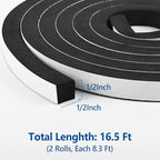 Kikerike Self Adhesive Foam Tape Weatherstrip 1/2In x 1/2In x 16.5Ft High Density Foam Insulation Strips Seal Weather Stripping with Strong Adhesive for Door and Window Sound Isolation Soundproofing - size: 1/2in x 1/2in x 16.5Ft