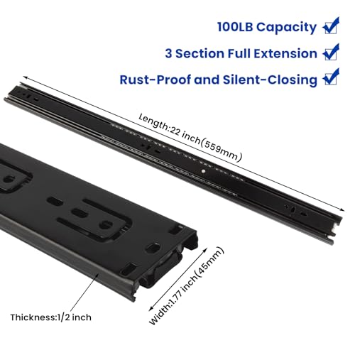 LONTAN 1 Pair Black Side Mount Drawer Slides 22 Inch Heavy Duty Rails - color: Black, size: 22 Inch - Drawer Slide