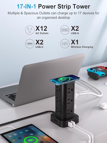 Power Strip Tower with Wireless Charger,Surge Protector with 12 Outlets - color: Black, size: 10FT with Wireless Charging
