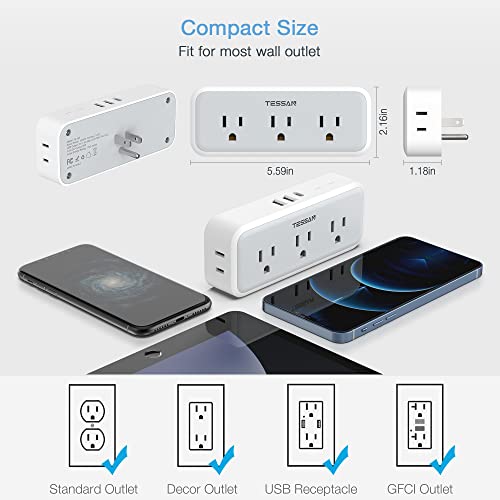 TESSAN Multi Plug Outlet Extender, USB C Wall Charger, Surge Protector,Grey - color: Gray, size: 5 Outlets (USB-C)
