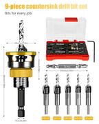 9PCS Countersink Drill Bit Set with Adjustable Depth Stopper - color: Golden, size: Standard - Manual Adjustment
