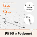 JEAWIWI 30 Pcs Metal Pegboard Hooks, 8 Inch Fit 1/5 in Peg Board - size: 8in 30pcs