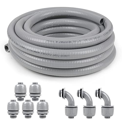 1/2inch 100ft Liquid-Tight Conduit and Connector Kit,Flexible Non-Metallic Liquid Tight Electrical Conduit Kit with 5 Straight and 3 90-Degree Connector Fittings,1/2 in. Dia - size: 1/2inch 100ft