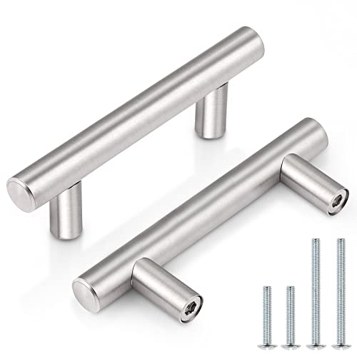 Probrico 30 Pack|2.5 inch Drawer Pulls Stainless Steel, Modern Cabinet pulls Brushed Nickel, Round T bar Handles Dresser Drawer knobs, Kitchen Cabinet Knobs Hardware, 4 inch Overall Length - color: Brushed Nickel, size: hole center 2-1/2"