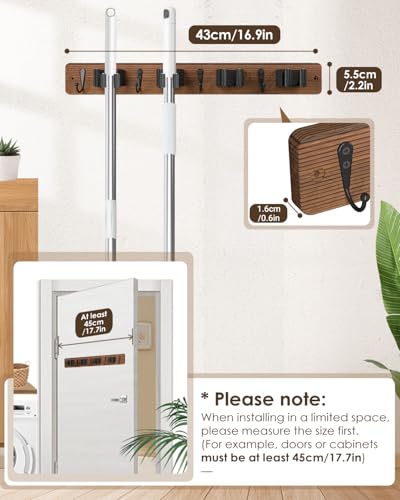 AceMining 2 Pack Broom Holder Wall Mount, 4 Holders 4 Hooks Mop Holder - color: Brown, size: 2 Pack
