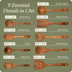 ELIBRE 9-Piece Teak Wood Kitchen Utensil Set, Heat-Resistant, Food Grade