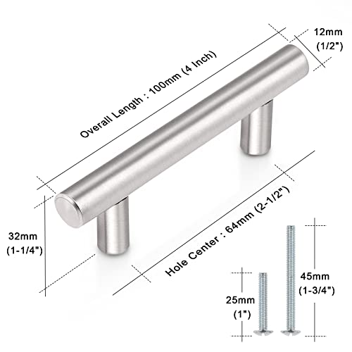 Probrico 30 Pack|2.5 inch Drawer Pulls Stainless Steel, Modern Cabinet pulls Brushed Nickel, Round T bar Handles Dresser Drawer knobs, Kitchen Cabinet Knobs Hardware, 4 inch Overall Length - color: Brushed Nickel, size: hole center 2-1/2"
