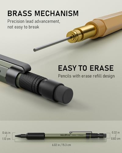 Nicpro 3 PCS 1.3 mm Mechanical Pencil Set with 48 Lead Refill, 3 Eraser - style: 3 Pack (Black Green Brown)