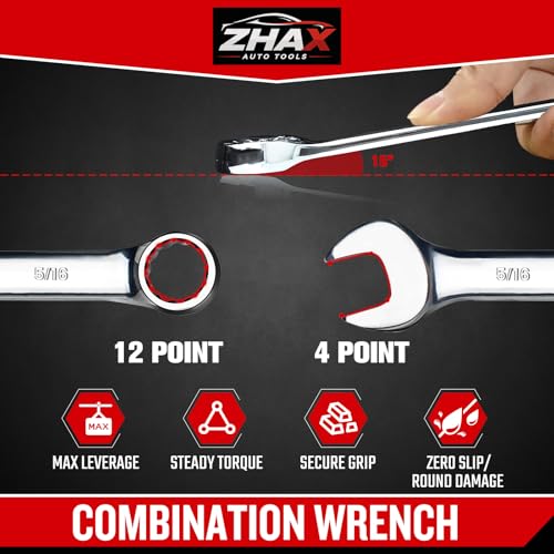 zhax 5/16" SAE Metric Combination Wrench, 12 Point Box End, 15 Degree Offset Design, Mirror Polish Finish, Forged CR-V Steel, Hand Tools for Mechanics, Ideal for Auto and Home Repair - size: 5/16"