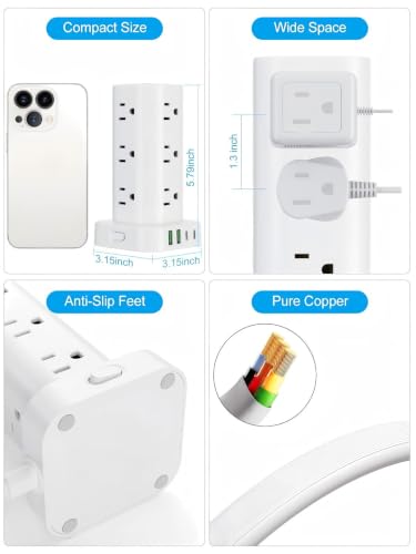 15FT Power Strip Tower Surge Protector, 12 Wide Spaced Outlets, 4 USB - color: White, size: 15FT without Wireless Charging