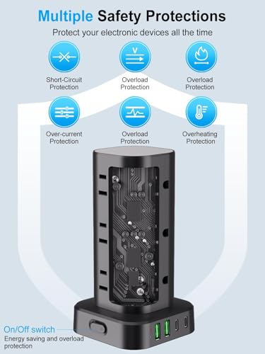 15FT Power Strip Tower Surge Protector, 12 Wide Spaced Outlets, 4 USB - color: Black, size: 15FT without Wireless Charging