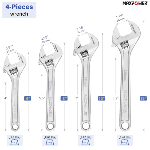 MAXPOWER 4-Pc Adjustable Wrench 6" 8" 10" 12", Smooth Parallel Jaw - size: 6" 8" 10" 12"