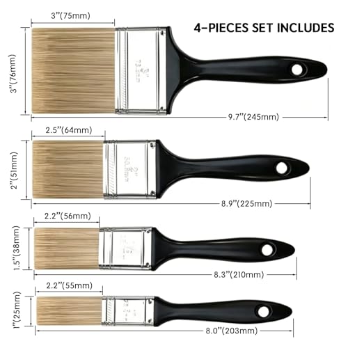 4-Piece Paint Brush Set,Flat Painting Brushes for Walls Trim Cabinets Fence Priming Interior & Exterior Latex and Oil Paints,Stains