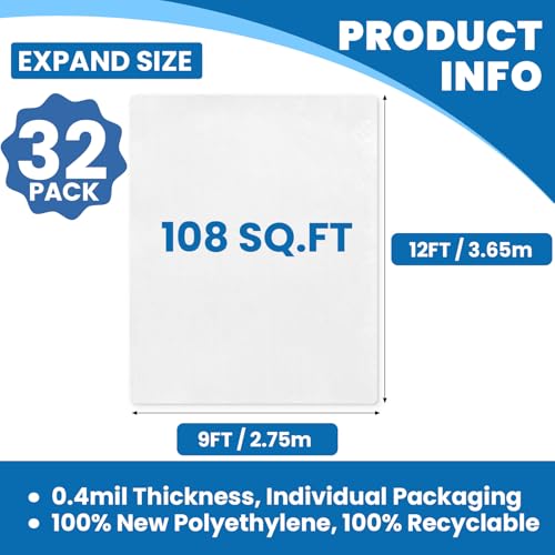 32 Pack Plastic Drop Cloth, 9 x 12 Feet Plastic Sheeting - color: 32p