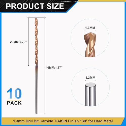 PATIKIL 1.3mm Drill Bit Carbide for Stainless Steel Hard Metal 130° 10 Pack - size: 1.3mm