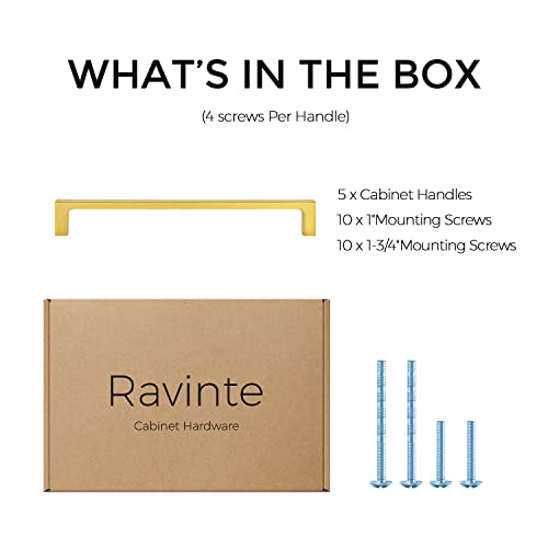 Ravinte Brushed Brass Solid Pulls Cabinet Handles 7-1/2 Inch 5 Pack - size: 7-1/2 Inch Hole Center