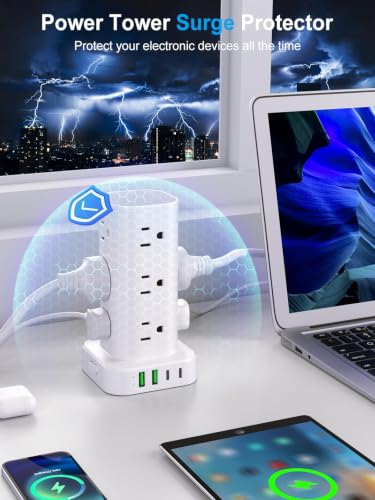 Power Strip Tower with Wireless Charger, Surge Protector with 12 Outlets - color: White, size: 10FT with Wireless Charging
