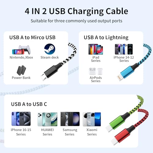 4 in 2 Multi Charging Cable, USBA/C Universal Charging Cords 2 Pack 5FT - color: Green&Red&Blue&White