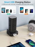 Power Strip Tower with Wireless Charger,Surge Protector with 12 Outlets - color: Black, size: 10FT with Wireless Charging
