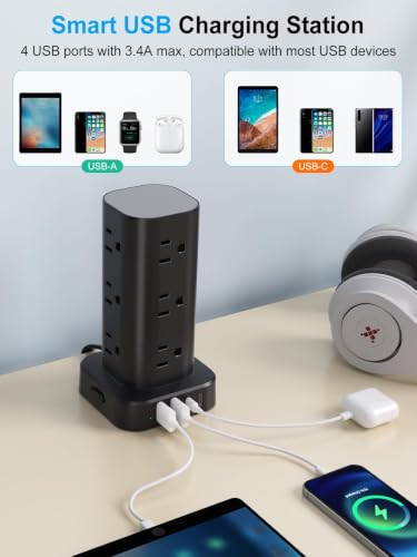 Power Strip Tower with Wireless Charger,Surge Protector with 12 Outlets - color: Black, size: 10FT with Wireless Charging