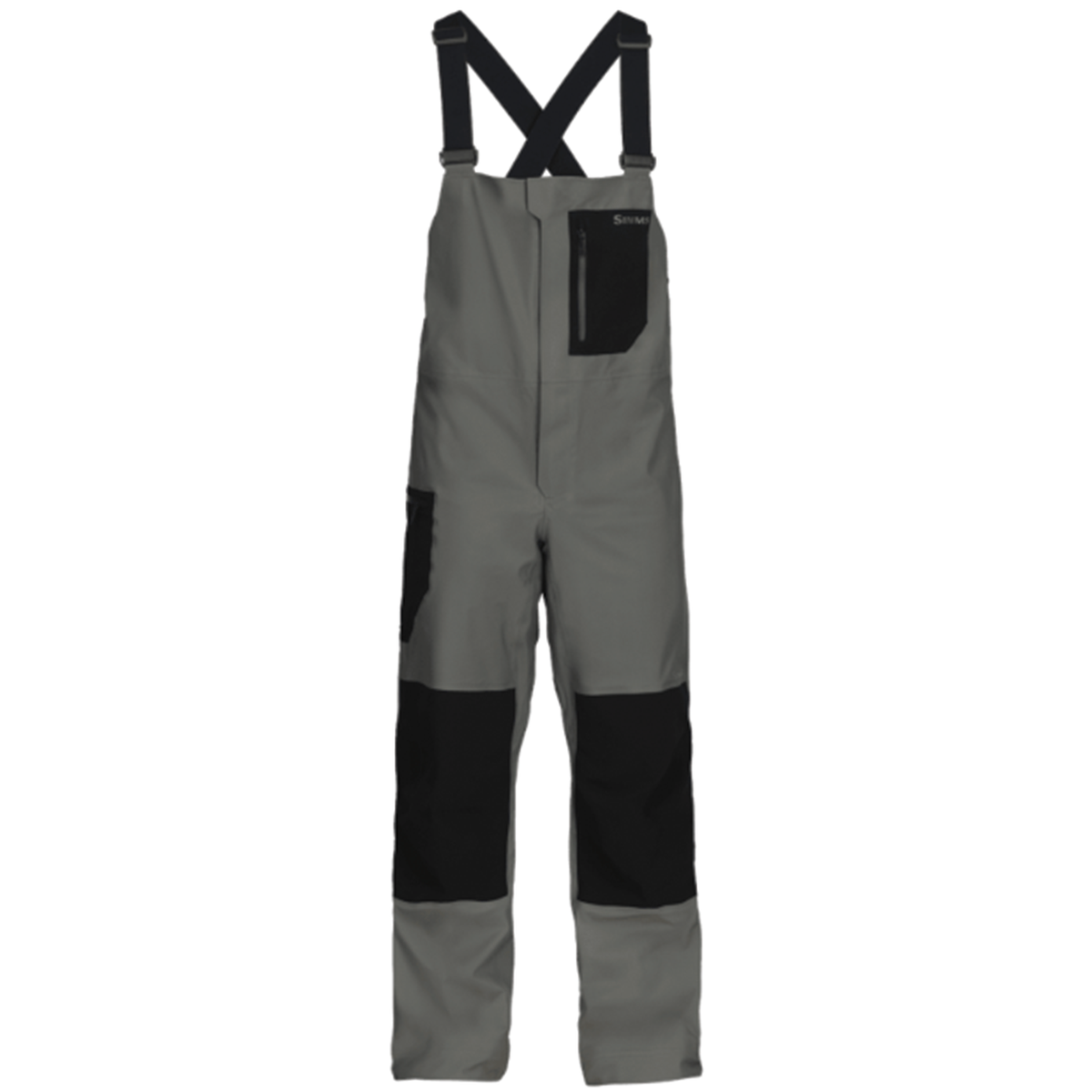Simms Vapor Elite Bibs - Men's gray fishing bib pants with black reinforced knee and pocket panels, adjustable black shoulder straps, designed for durability and comfort in fishing activities.