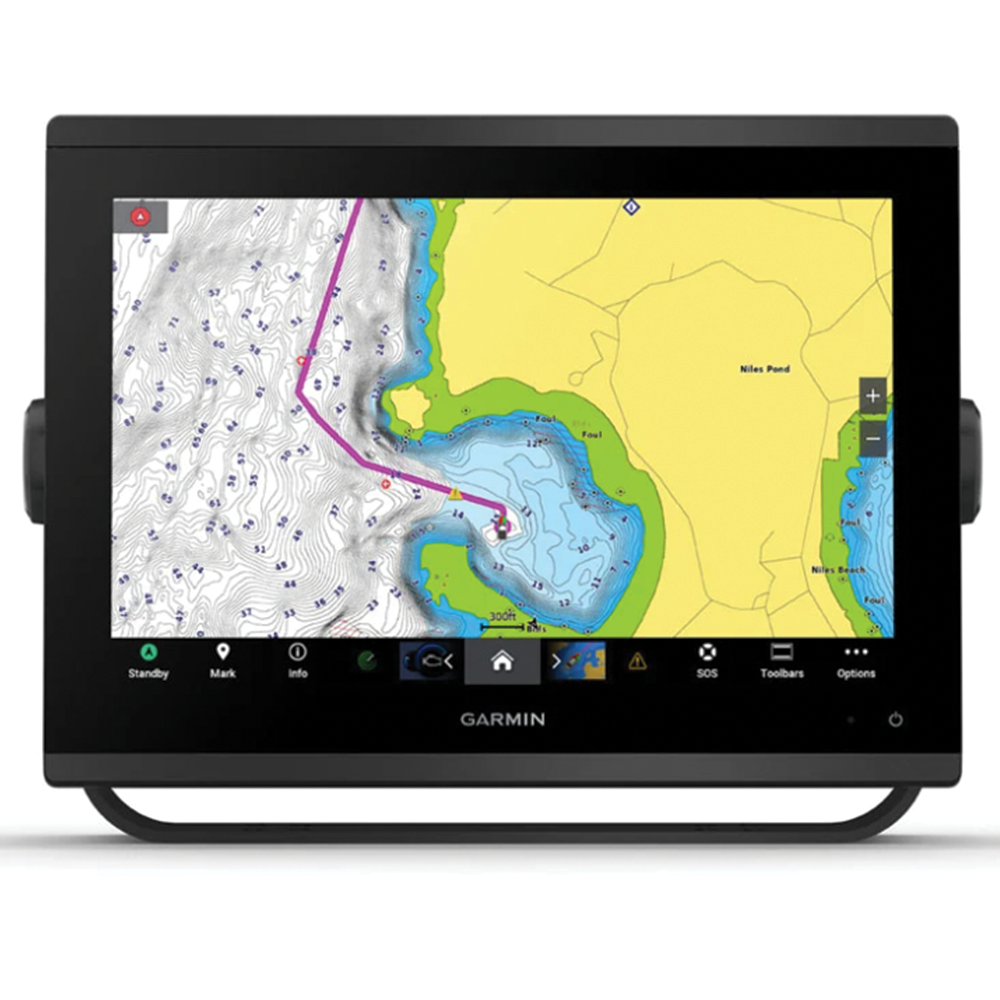 Garmin GPSMAP 1243XSV (No Transducer) marine GPS device displaying detailed contour maps and navigation routes for fishing and boating activities.