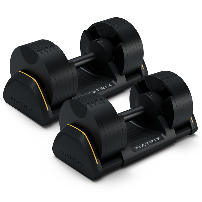 Matrix 50 lb adjustable dumbbells in black with yellow accents