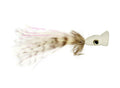 Rainy's PSP Bubble Head 4/0 fishing lure with a white foam head, detailed eye, and a tail made of soft brown and white feathers, designed for effective fishing tackle use.