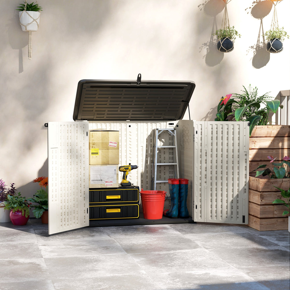 185 Gallon Waterproof Deck Box with Openable Top & Lockable Doors